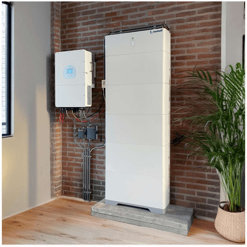 Thuisbatterij installatie in woonkamer setting met planten